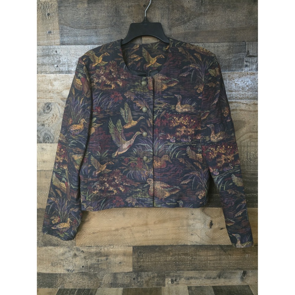 VTG Lands End Tapestry Duck Jacket Women 12 Cropped Brocade Mallard Money READ